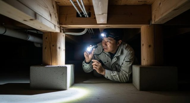 建売住宅の内覧で床下の基礎や構造をチェックするインスペクターの様子